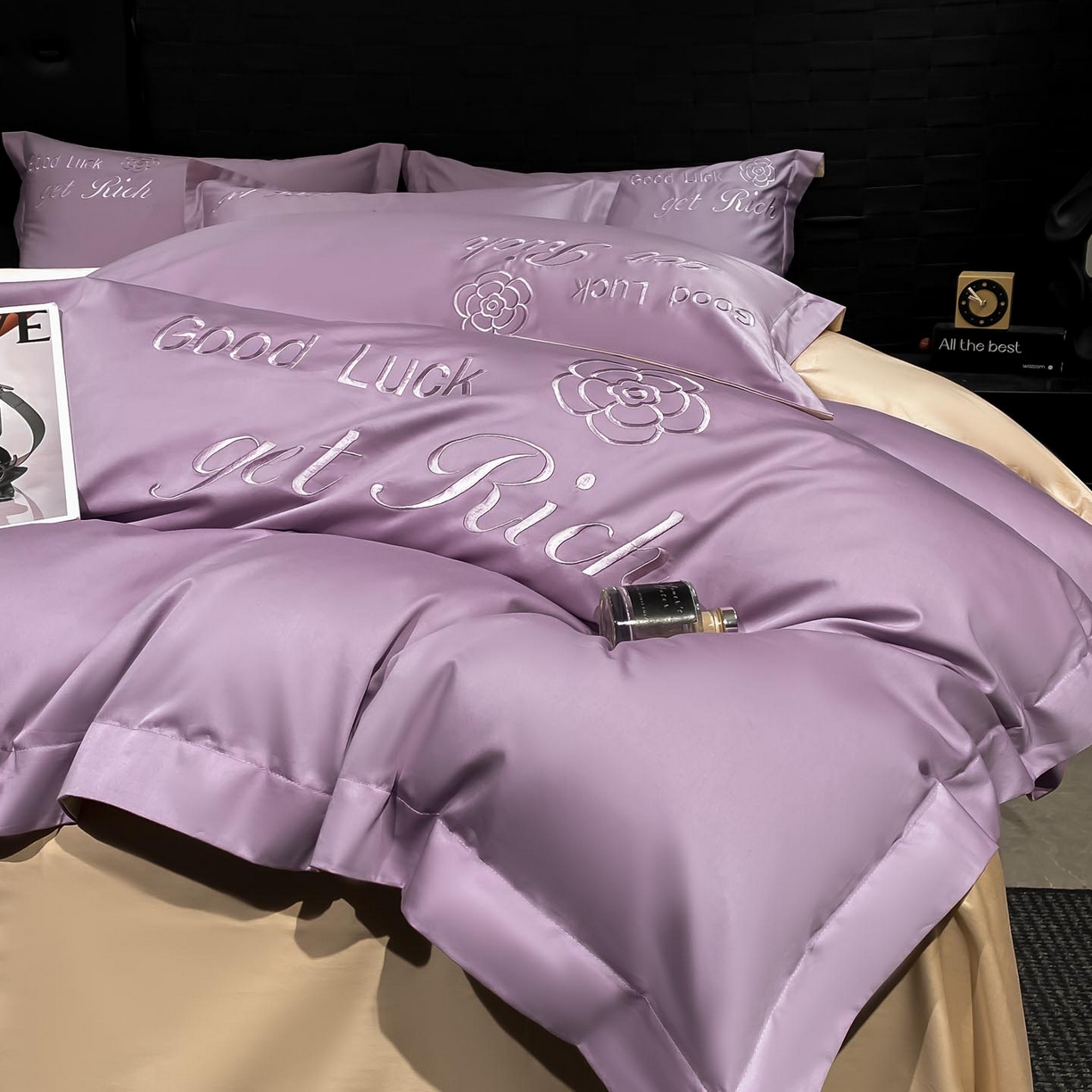 91家纺网 家纺一手货源 找家纺 润锦云 2026新款100s全棉长绒棉纯棉刺绣四件套-如愿 如愿-香芋紫+香槟金