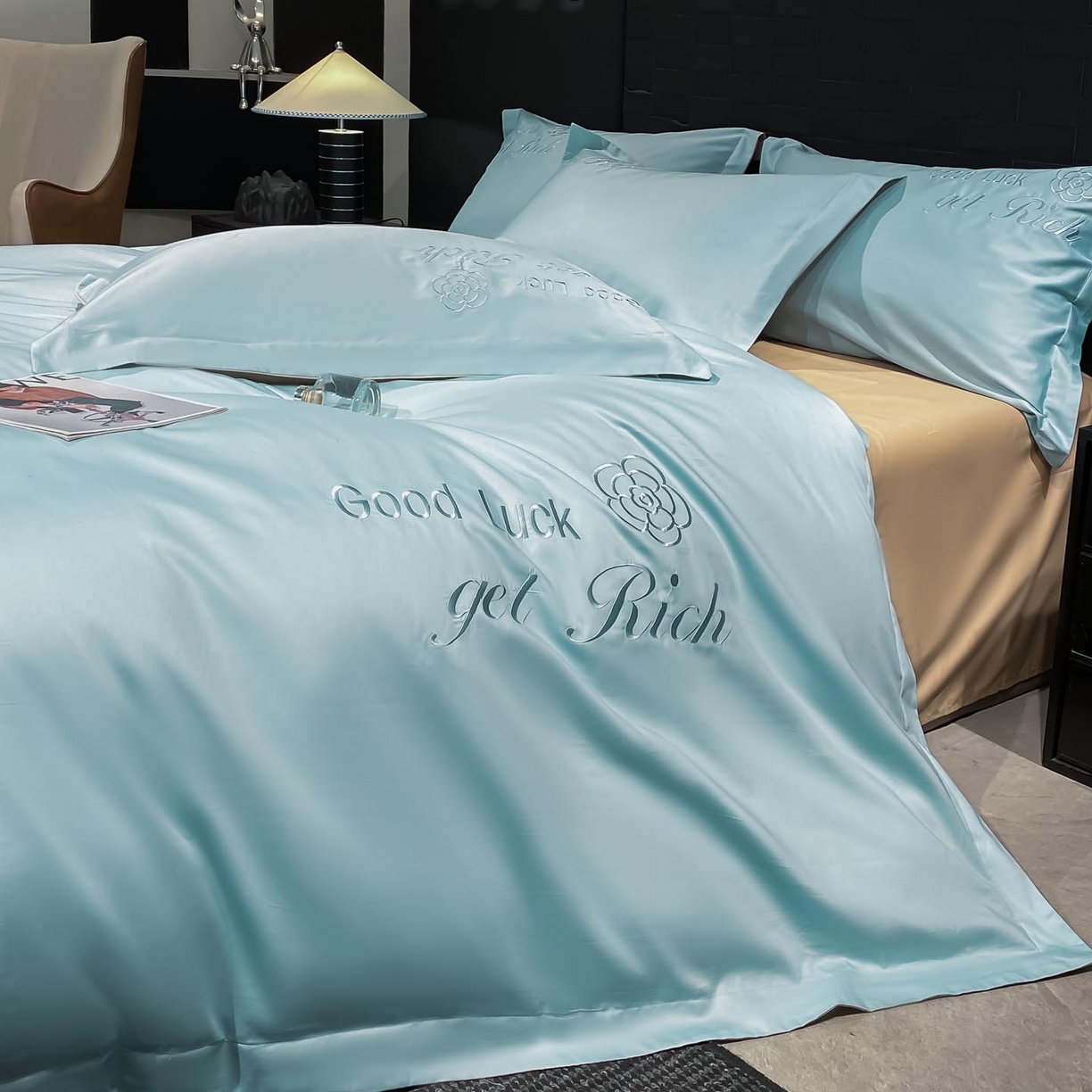 91家纺网 家纺一手货源 找家纺 润锦云 2026新款100s全棉长绒棉纯棉刺绣四件套-如愿 如愿-天空蓝+香槟金