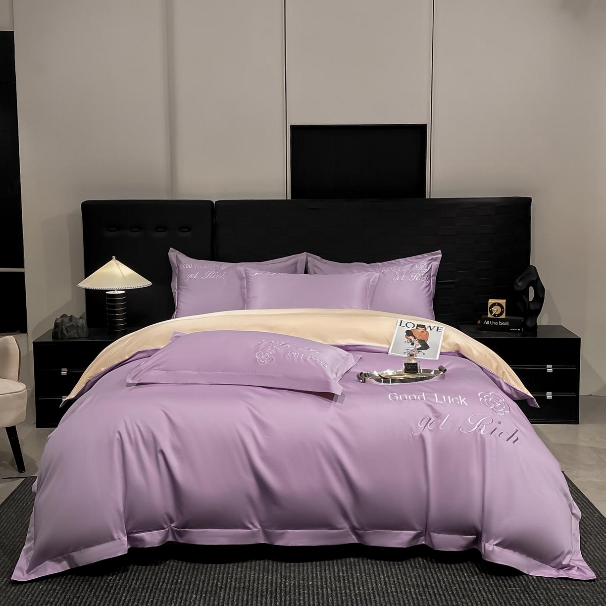 91家纺网 家纺一手货源 找家纺 润锦云 2026新款100s全棉长绒棉纯棉刺绣四件套-如愿 如愿-香芋紫+香槟金