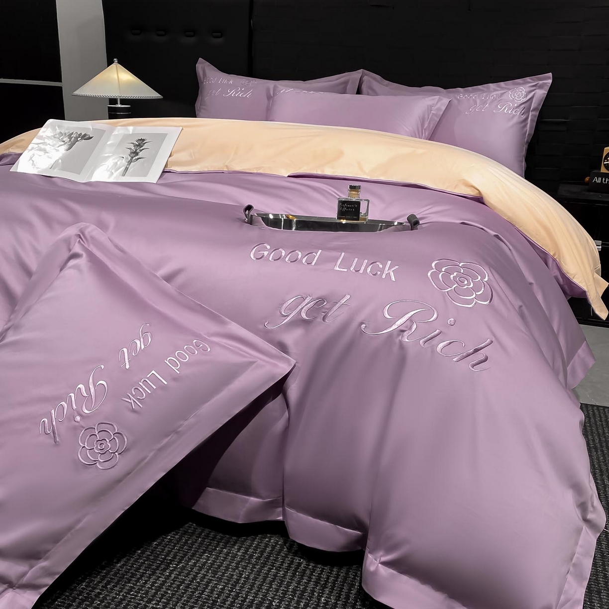 91家纺网 家纺一手货源 找家纺 润锦云 2026新款100s全棉长绒棉纯棉刺绣四件套-如愿 如愿-香芋紫+香槟金