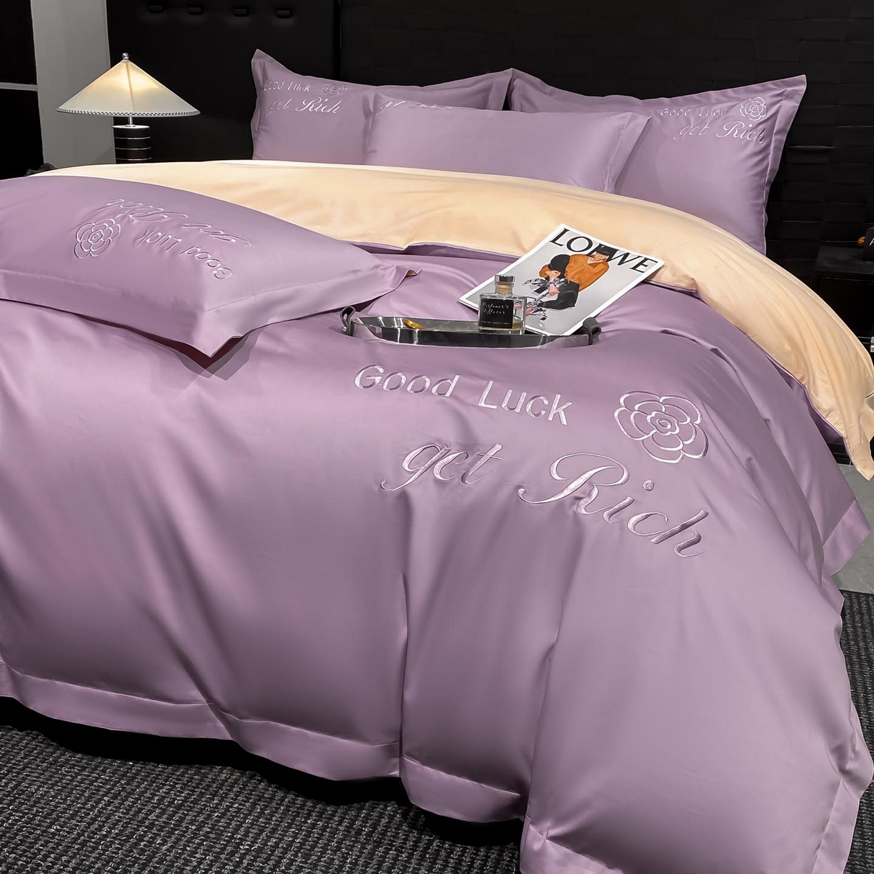 91家纺网 家纺一手货源 找家纺 润锦云 2026新款100s全棉长绒棉纯棉刺绣四件套-如愿 如愿-香芋紫+香槟金