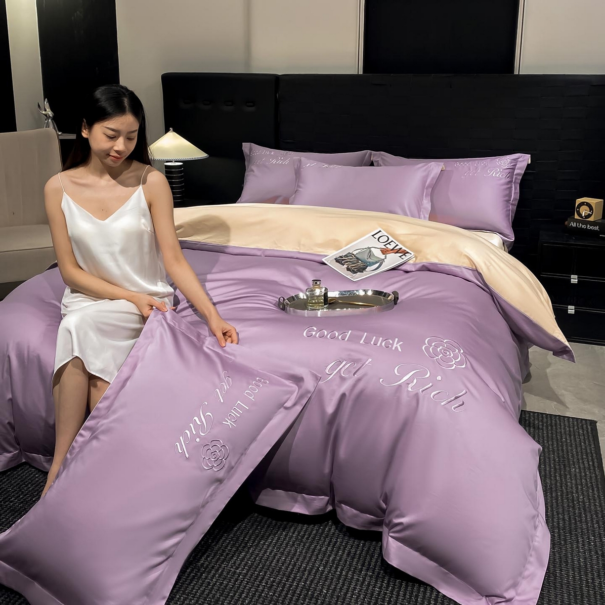 91家纺网 家纺一手货源 找家纺 润锦云 2026新款100s全棉长绒棉纯棉刺绣四件套-如愿 如愿-香芋紫+香槟金