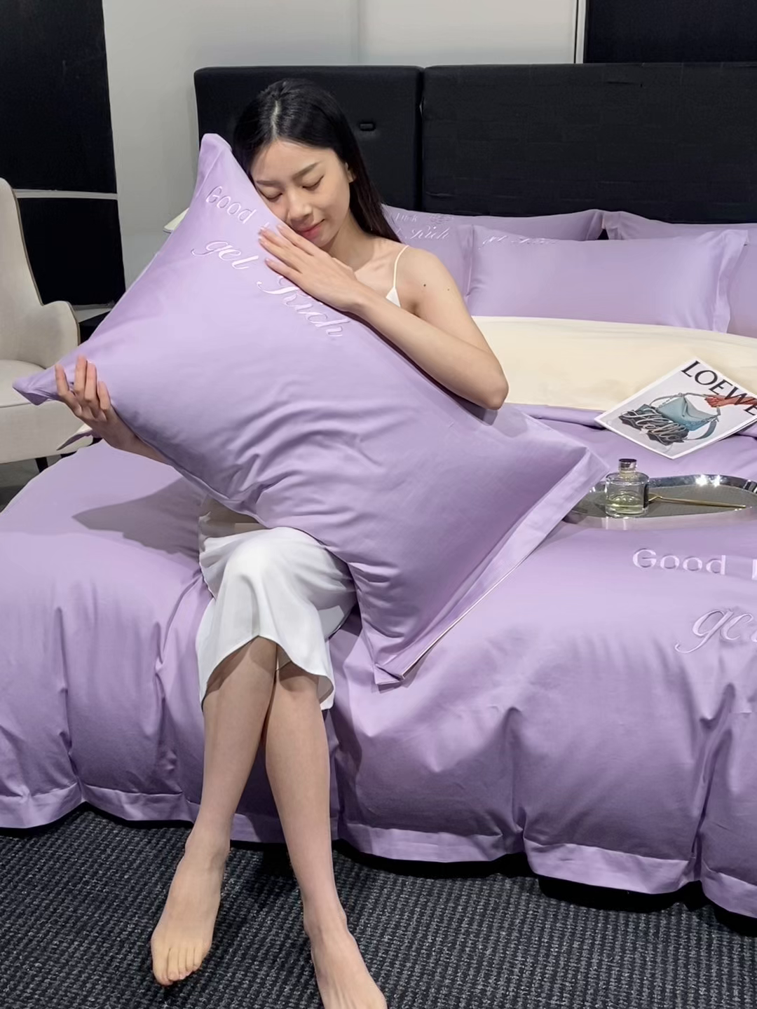 91家纺网 家纺一手货源 找家纺 润锦云 2026新款100s全棉长绒棉纯棉刺绣四件套-如愿 如愿-香芋紫+香槟金