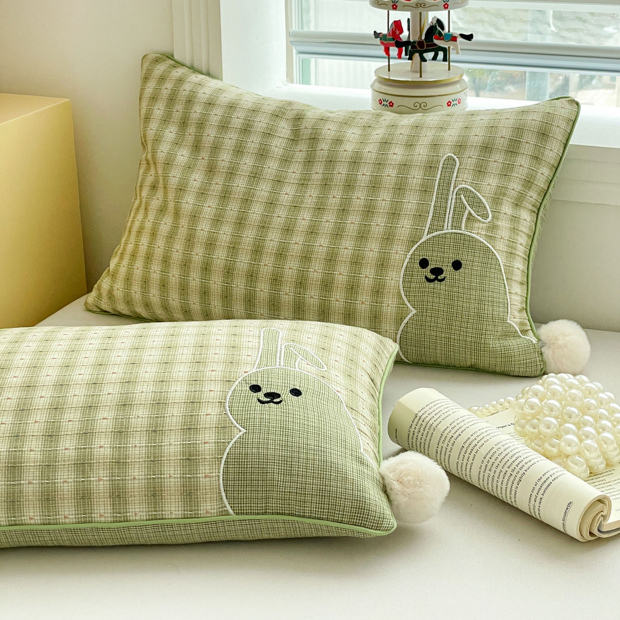 91家纺网 家纺一手货源 找家纺 梦叶草 2026新款全棉毛球兔荞麦枕枕头枕芯 毛球兔-绿色