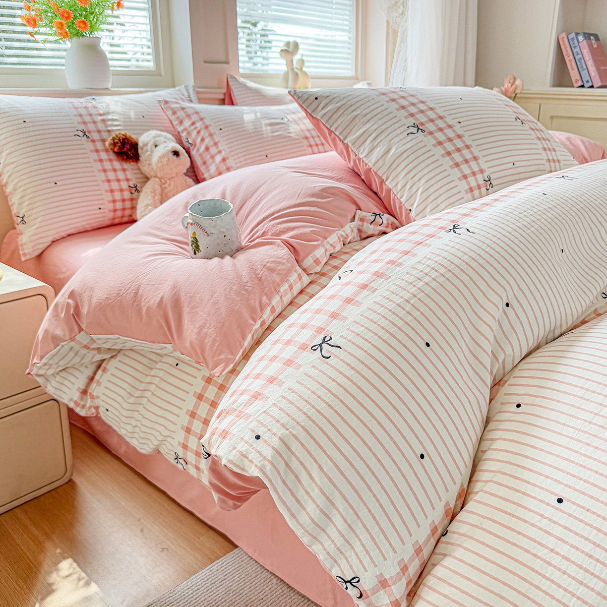 铭浩家纺 2026春夏新款A类古法水洗云朵四件套 粉结-粉