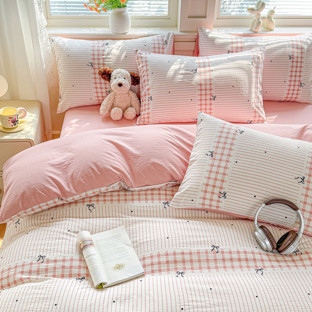 91家纺网 家纺一手货源 找家纺 铭浩家纺 2026春夏新款A类古法水洗云朵四件套 粉结-粉