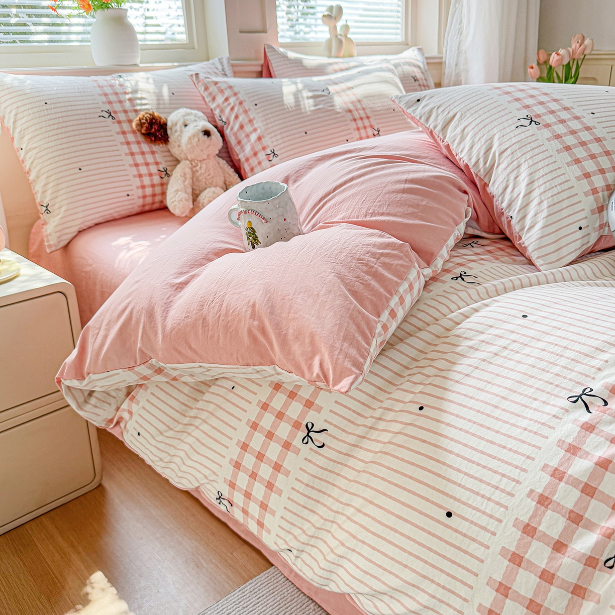 91家纺网 家纺一手货源 找家纺 铭浩家纺 2026春夏新款A类古法水洗云朵四件套 粉结-粉