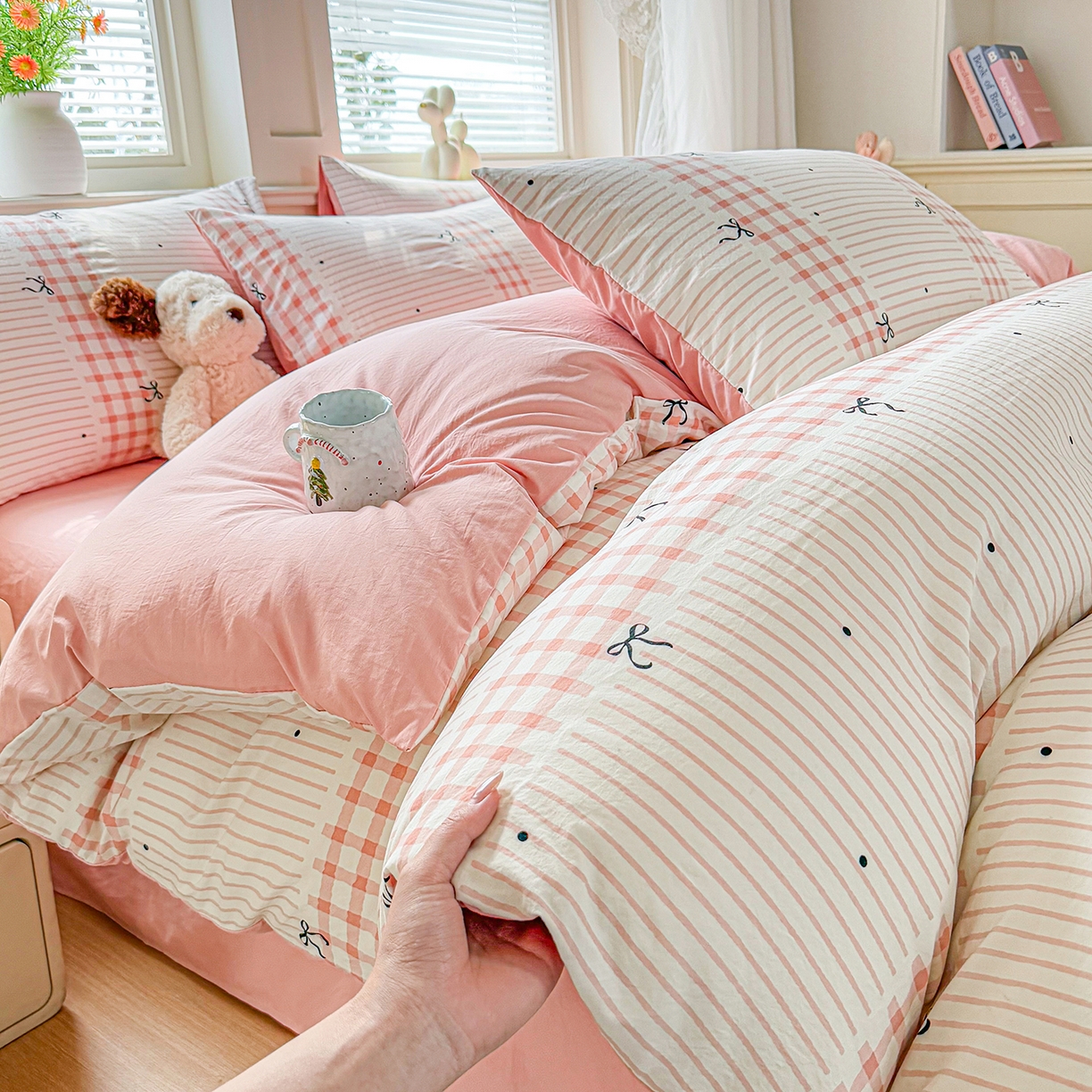 91家纺网 家纺一手货源 找家纺 铭浩家纺 2026春夏新款A类古法水洗云朵四件套 粉结-粉