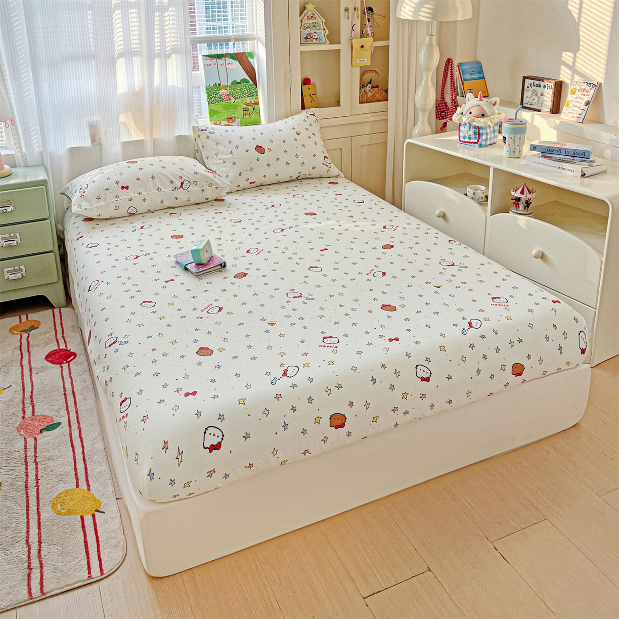 91家纺网 家纺一手货源 找家纺 名兮家居 2026新款全棉纯棉A类卡通时尚风双层纱床笠单品床笠床笠单件 双层纱-星星凯特