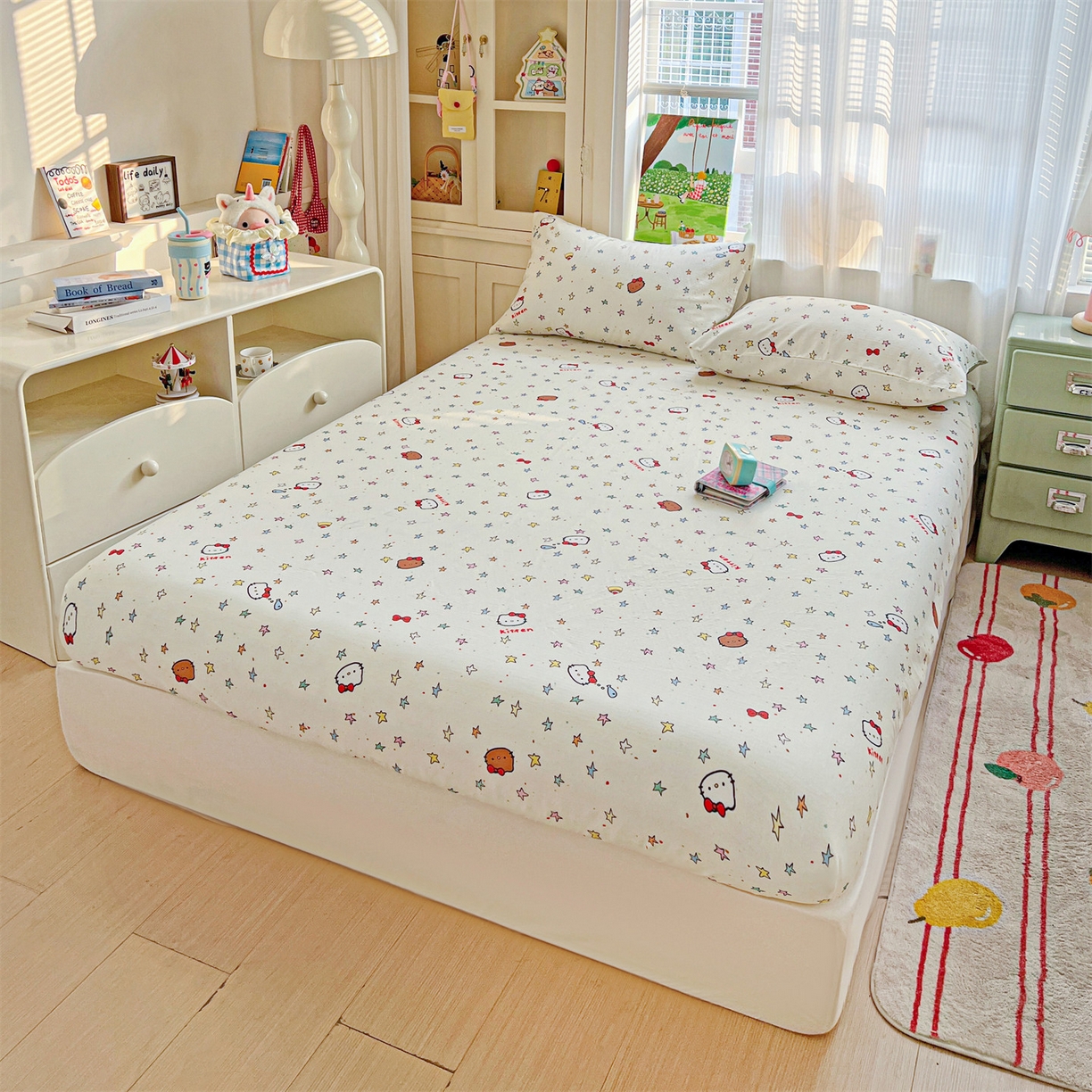 91家纺网 家纺一手货源 找家纺 名兮家居 2026新款全棉纯棉A类卡通时尚风双层纱床笠单品床笠床笠单件 双层纱-星星凯特