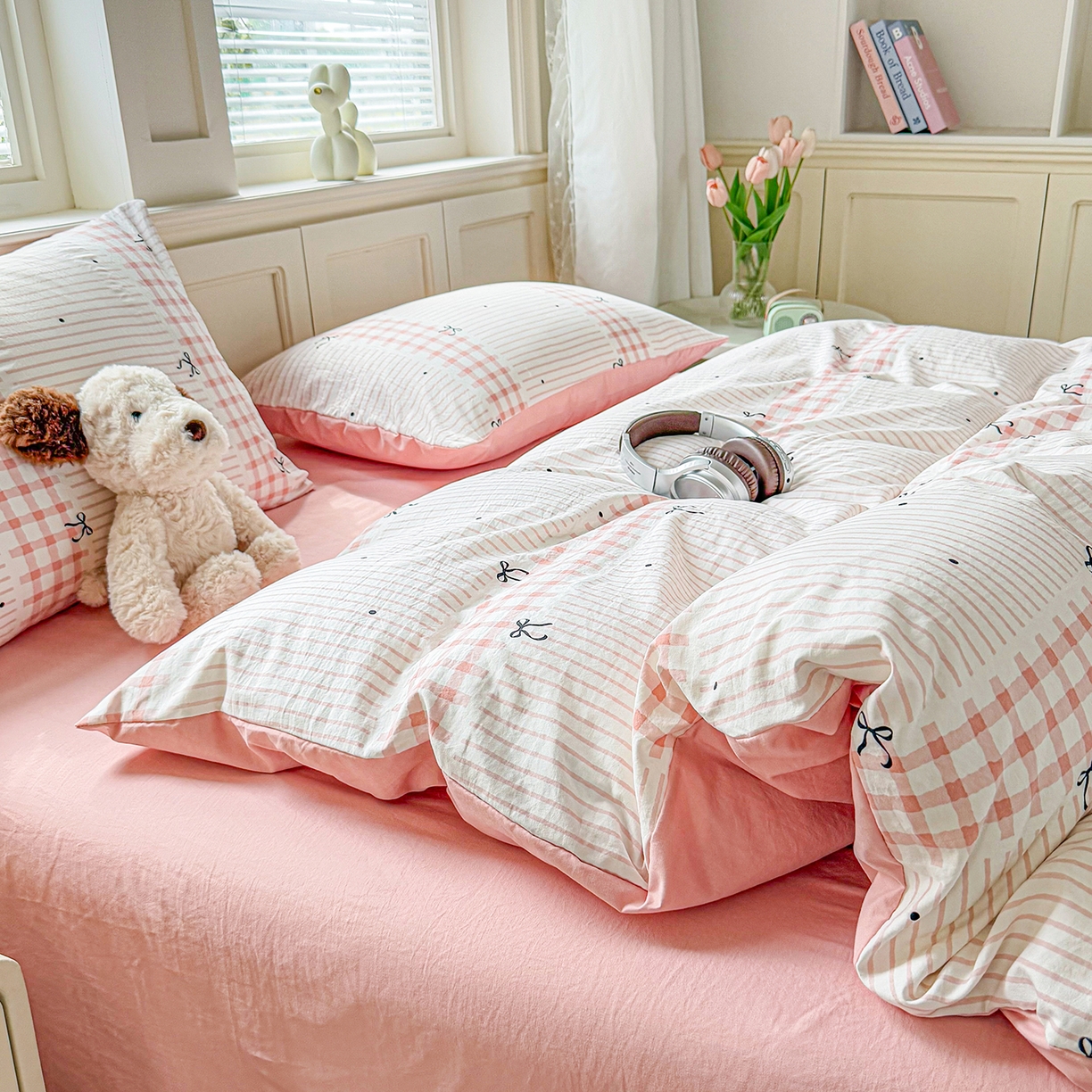 91家纺网 家纺一手货源 找家纺 铭浩家纺 2026春夏新款A类古法水洗云朵四件套 粉结-粉