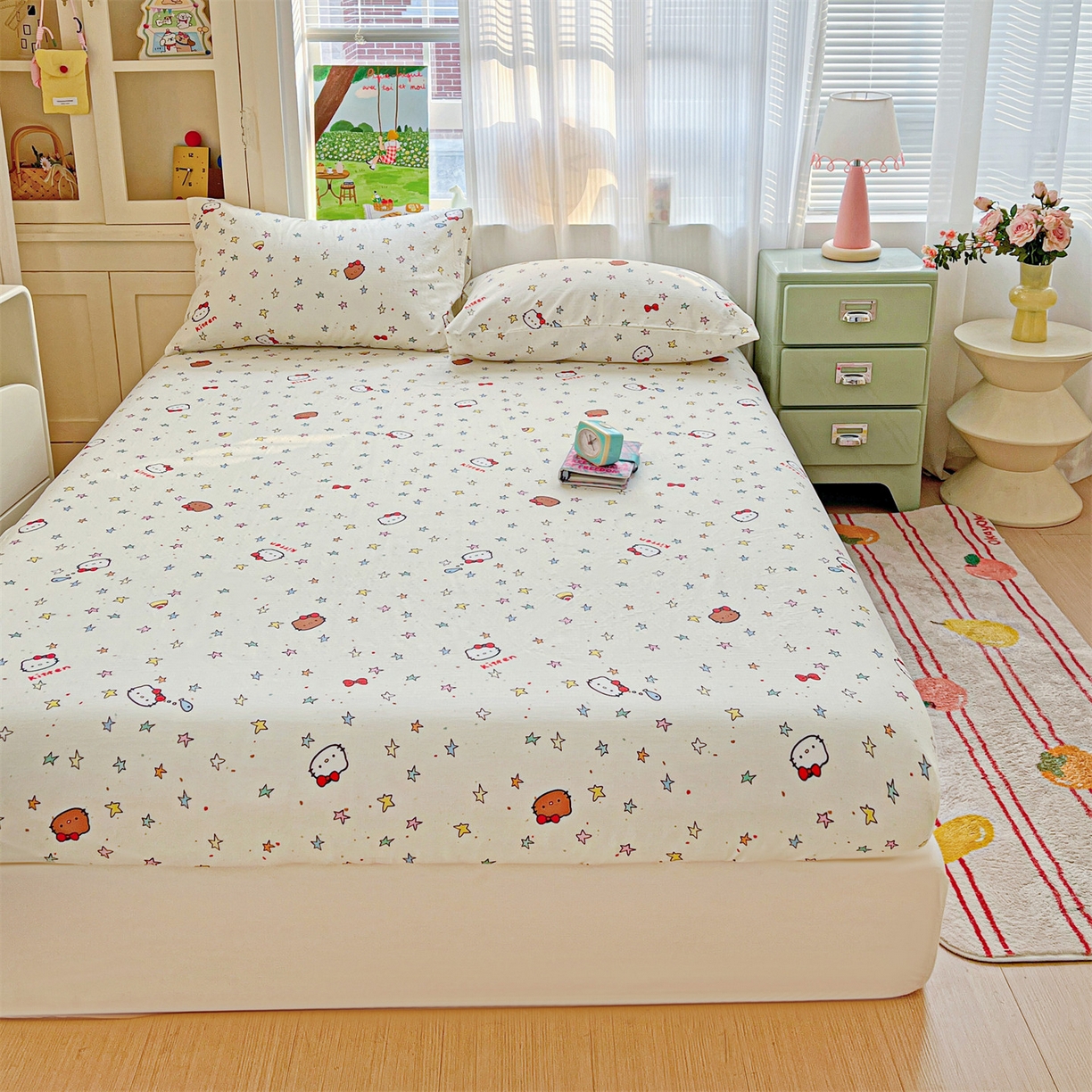 91家纺网 家纺一手货源 找家纺 名兮家居 2026新款全棉纯棉A类卡通时尚风双层纱床笠单品床笠床笠单件 双层纱-星星凯特