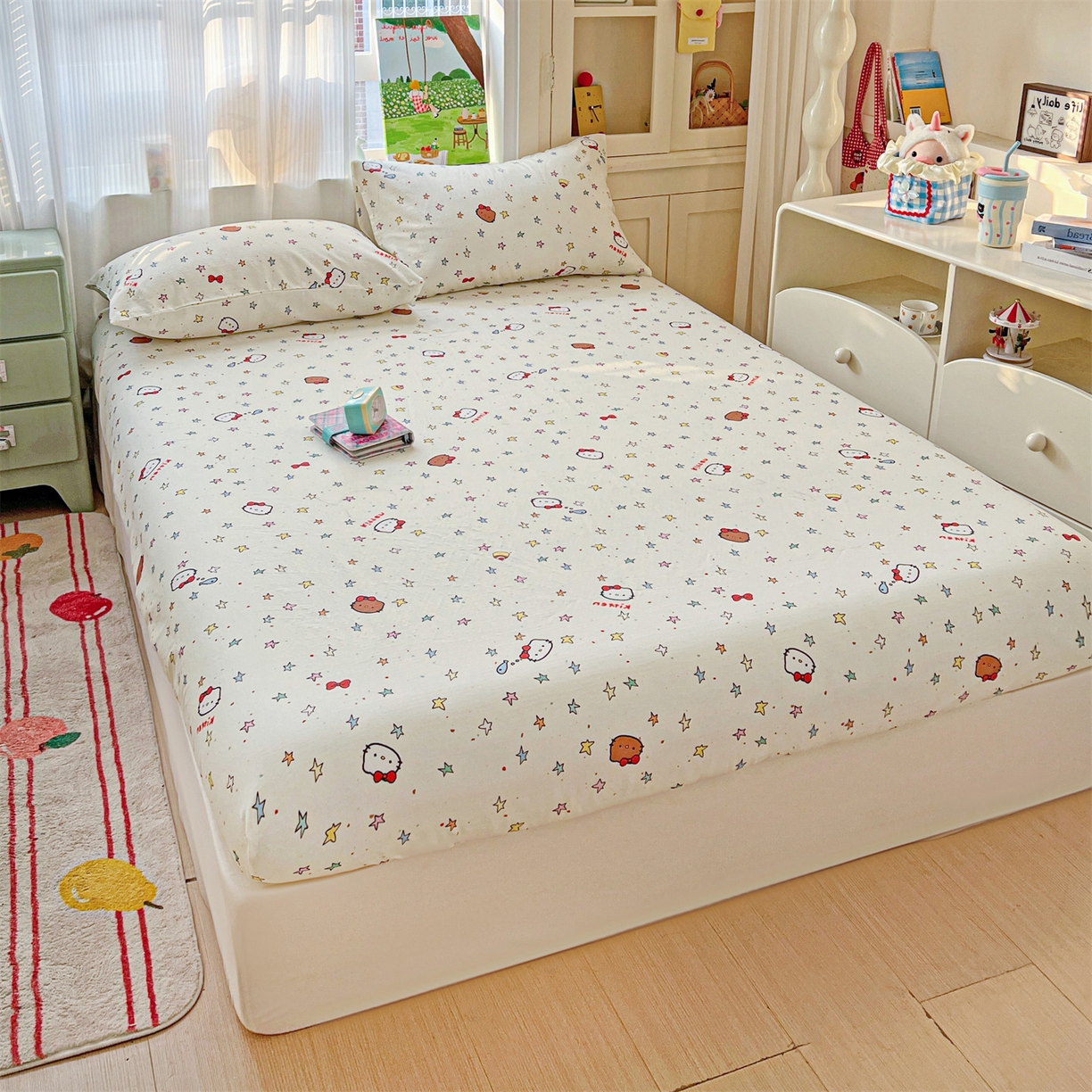 91家纺网 家纺一手货源 找家纺 名兮家居 2026新款全棉纯棉A类卡通时尚风双层纱床笠单品床笠床笠单件 双层纱-星星凯特