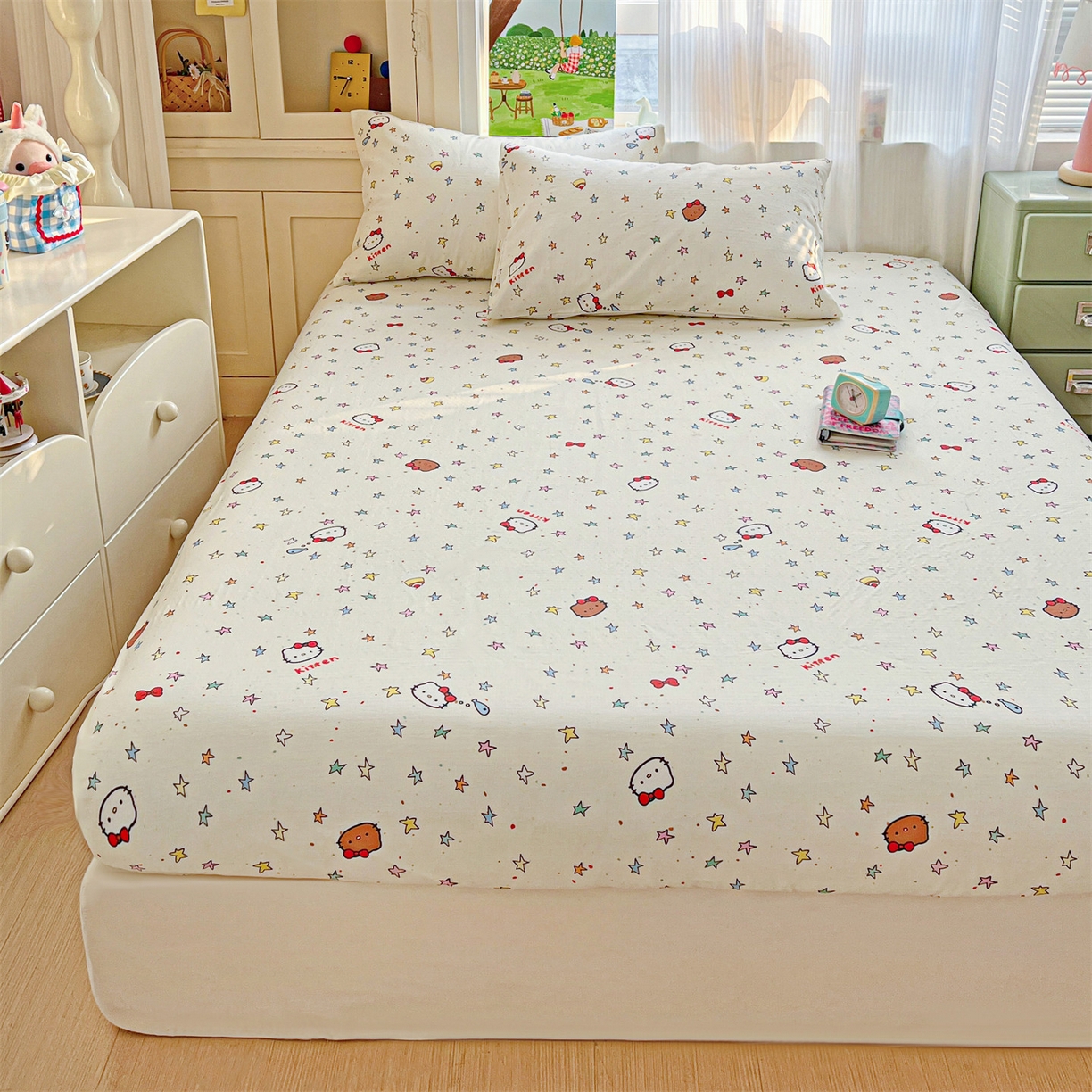 91家纺网 家纺一手货源 找家纺 名兮家居 2026新款全棉纯棉A类卡通时尚风双层纱床笠单品床笠床笠单件 双层纱-星星凯特