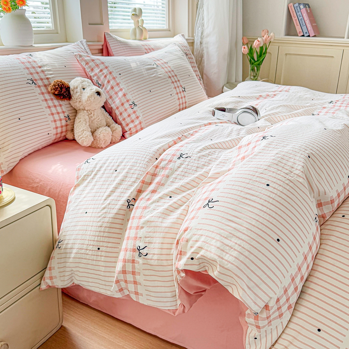 91家纺网 家纺一手货源 找家纺 铭浩家纺 2026春夏新款A类古法水洗云朵四件套 粉结-粉