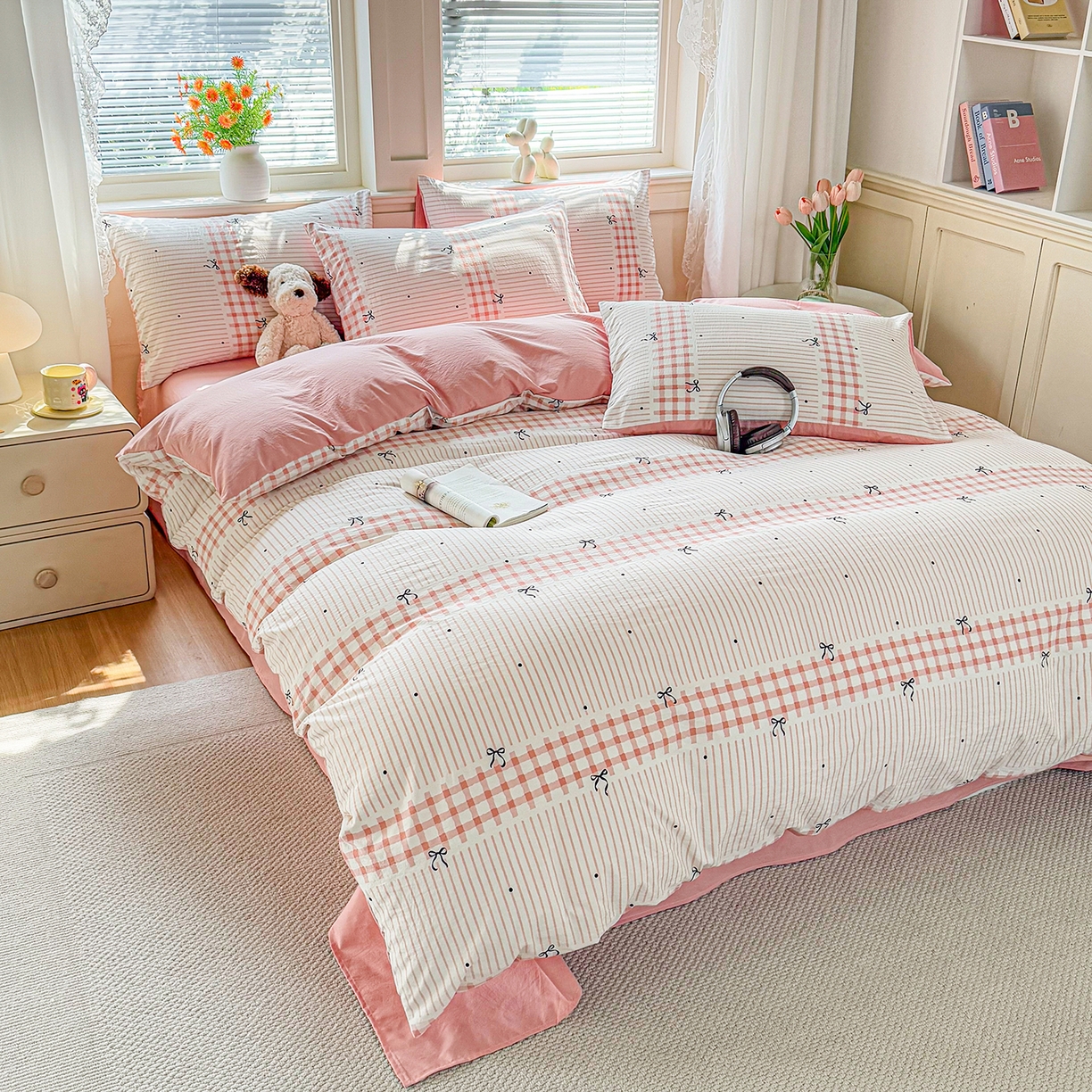 91家纺网 家纺一手货源 找家纺 铭浩家纺 2026春夏新款A类古法水洗云朵四件套 粉结-粉