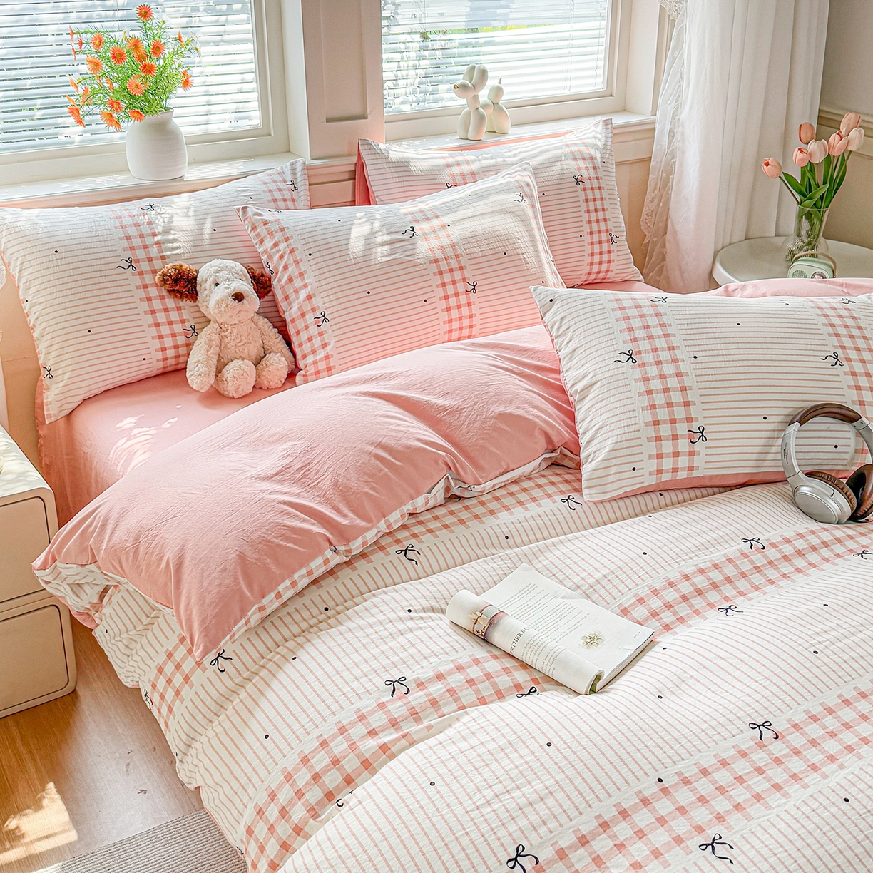 91家纺网 家纺一手货源 找家纺 铭浩家纺 2026春夏新款A类古法水洗云朵四件套 粉结-粉