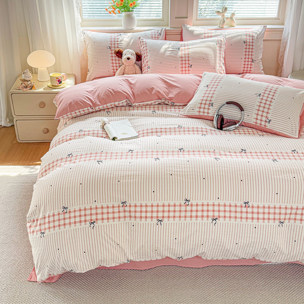 91家纺网 家纺一手货源 找家纺 铭浩家纺 2026春夏新款A类古法水洗云朵四件套 粉结-粉