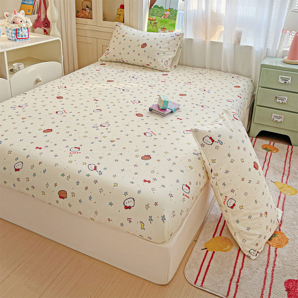 91家纺网 家纺一手货源 找家纺 名兮家居 2026新款全棉纯棉A类卡通时尚风双层纱床笠单品床笠床笠单件 双层纱-星星凯特