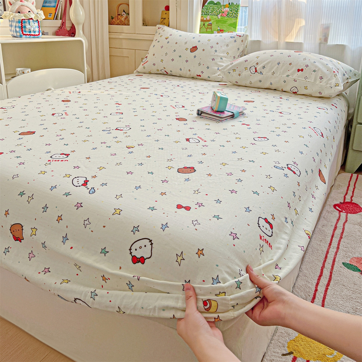 91家纺网 家纺一手货源 找家纺 名兮家居 2026新款全棉纯棉A类卡通时尚风双层纱床笠单品床笠床笠单件 双层纱-星星凯特