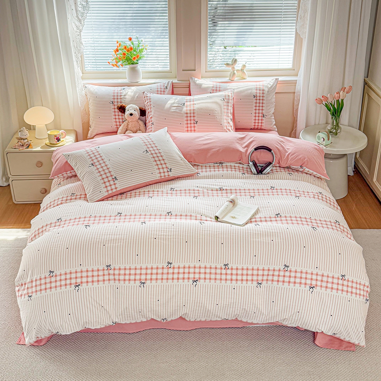 91家纺网 家纺一手货源 找家纺 铭浩家纺 2026春夏新款A类古法水洗云朵四件套 粉结-粉