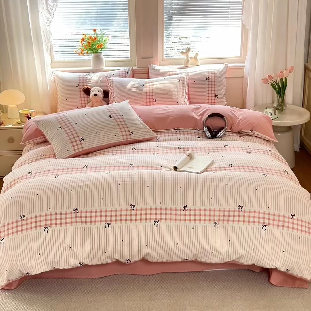 91家纺网 家纺一手货源 找家纺 铭浩家纺 2026春夏新款A类古法水洗云朵四件套 粉结-粉