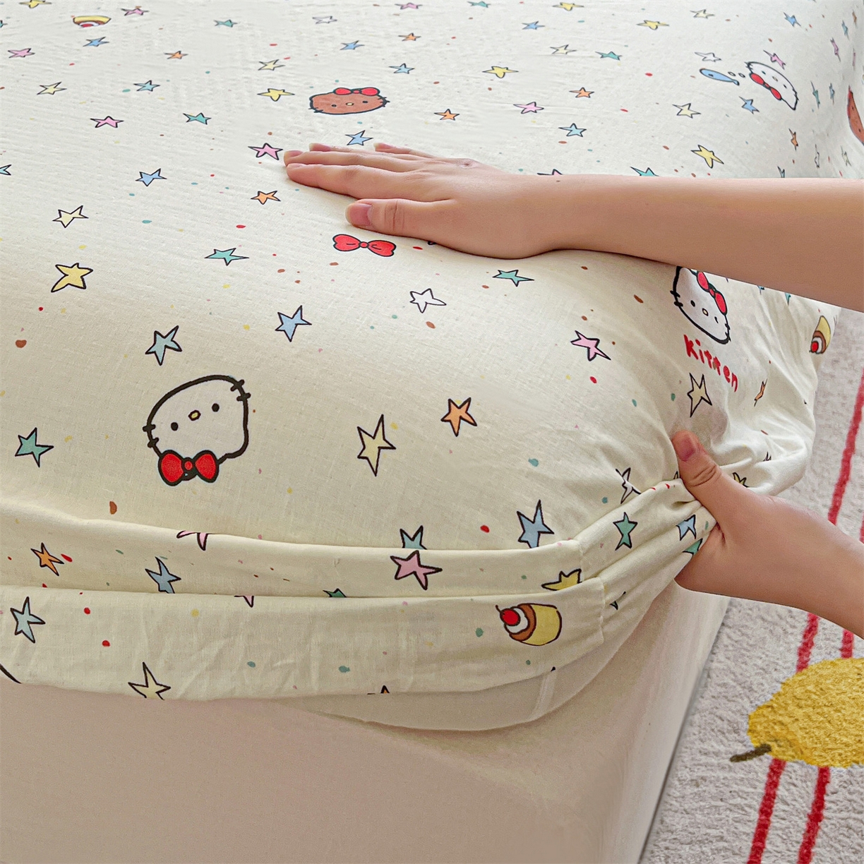 91家纺网 家纺一手货源 找家纺 名兮家居 2026新款全棉纯棉A类卡通时尚风双层纱床笠单品床笠床笠单件 双层纱-星星凯特