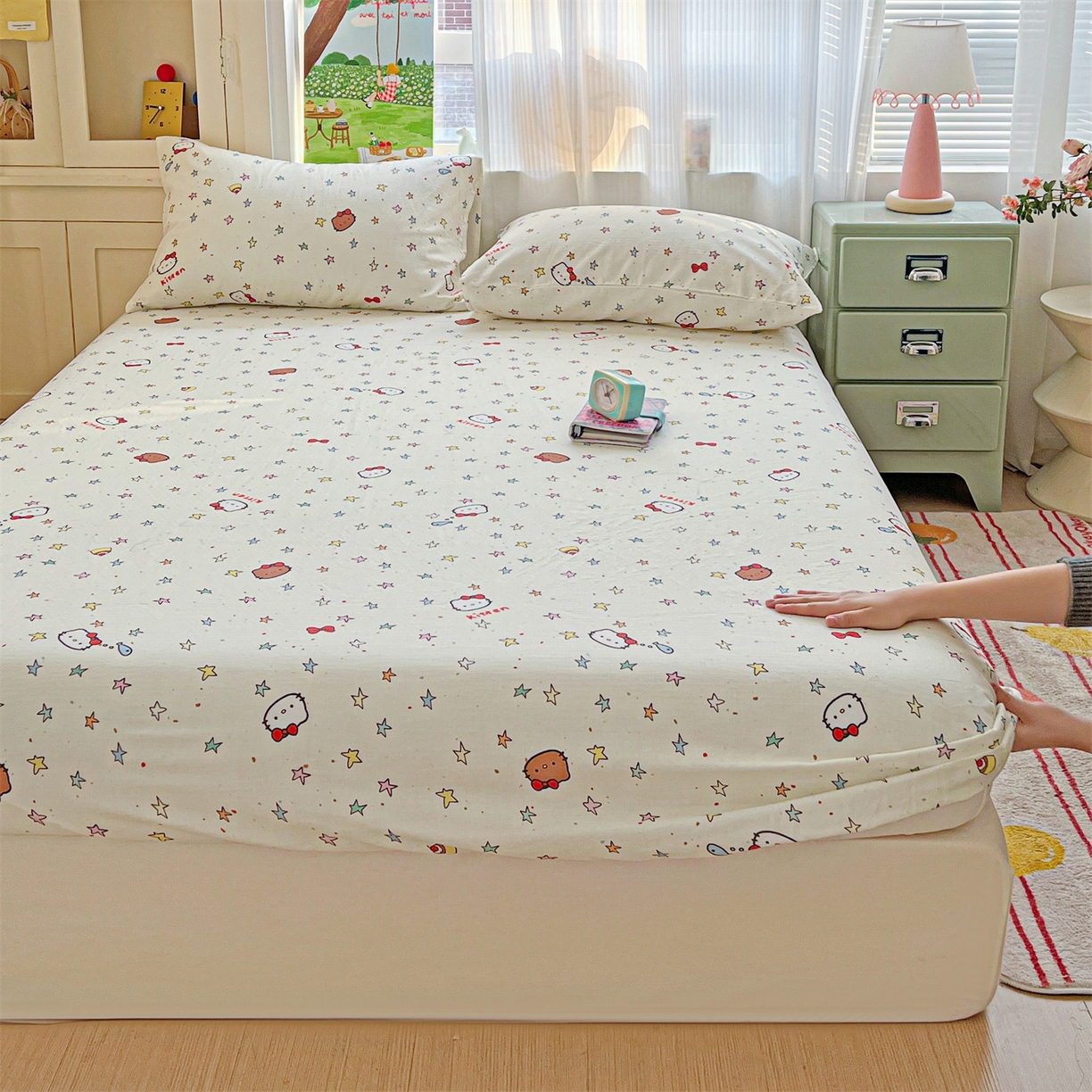 91家纺网 家纺一手货源 找家纺 名兮家居 2026新款全棉纯棉A类卡通时尚风双层纱床笠单品床笠床笠单件 双层纱-星星凯特