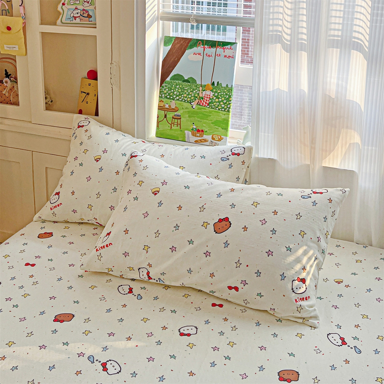 91家纺网 家纺一手货源 找家纺 名兮家居 2026新款全棉纯棉A类卡通时尚风双层纱床笠单品床笠床笠单件 双层纱-星星凯特