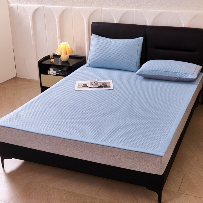 91家纺网 家纺一手货源 找家纺 梵克保罗 2026春夏新款PE中分子凉席三件套纯色平铺豆豆席凉席席子-四叶草系列 四叶草-月光蓝