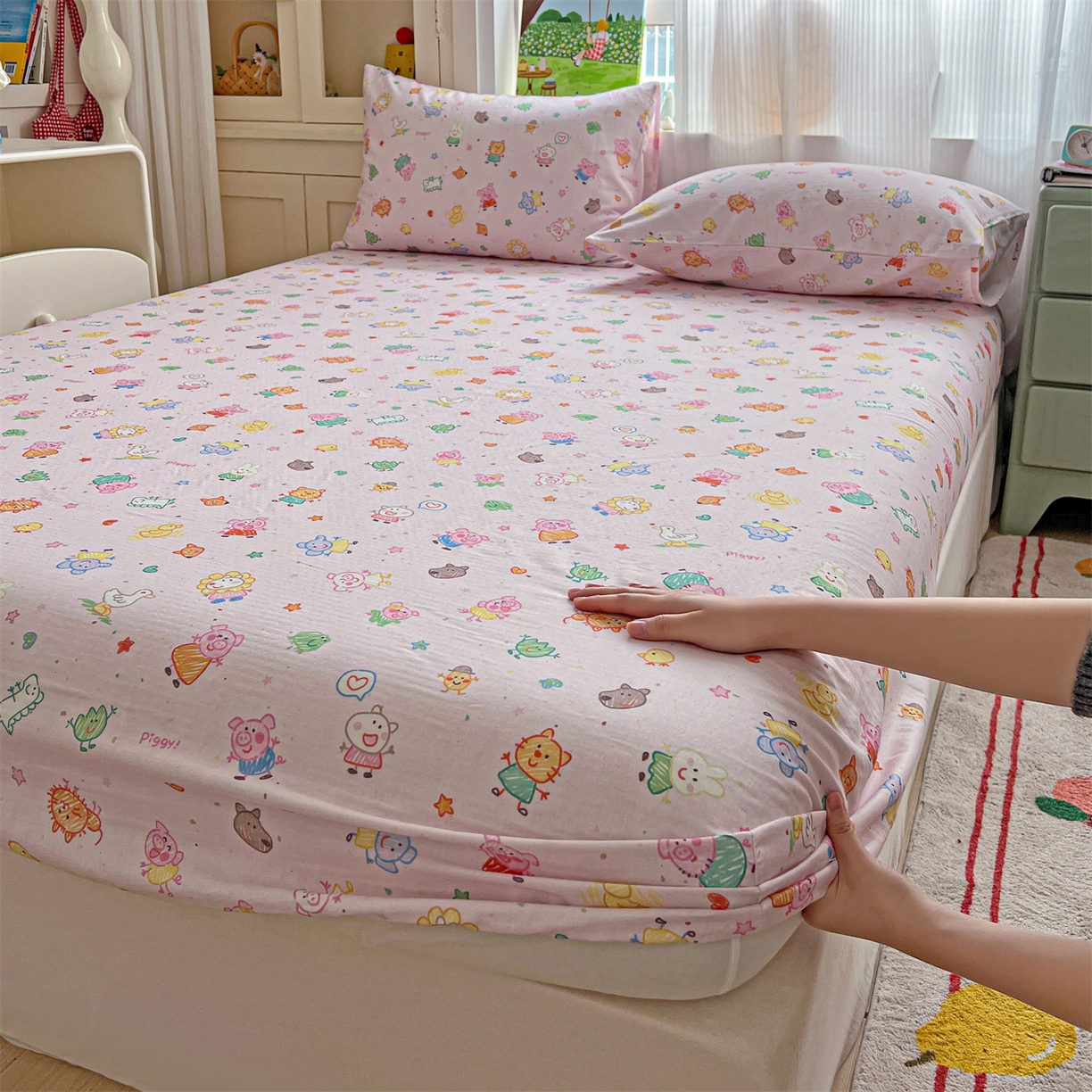 名兮家居 2026新款全棉纯棉A类卡通时尚风双层纱床笠单品床笠床笠单件 双层纱-猪猪乐园