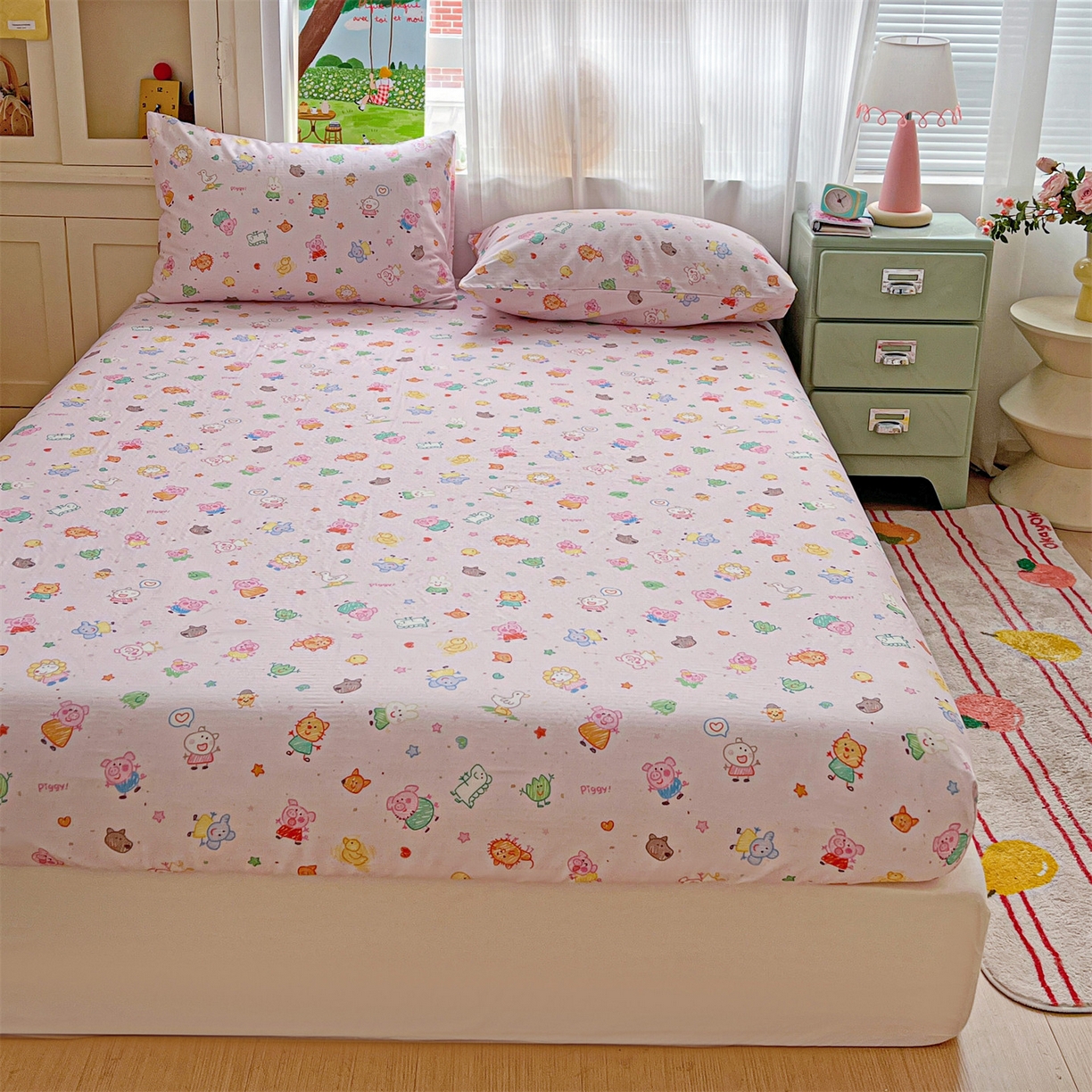 91家纺网 家纺一手货源 找家纺 名兮家居 2026新款全棉纯棉A类卡通时尚风双层纱床笠单品床笠床笠单件 双层纱-猪猪乐园