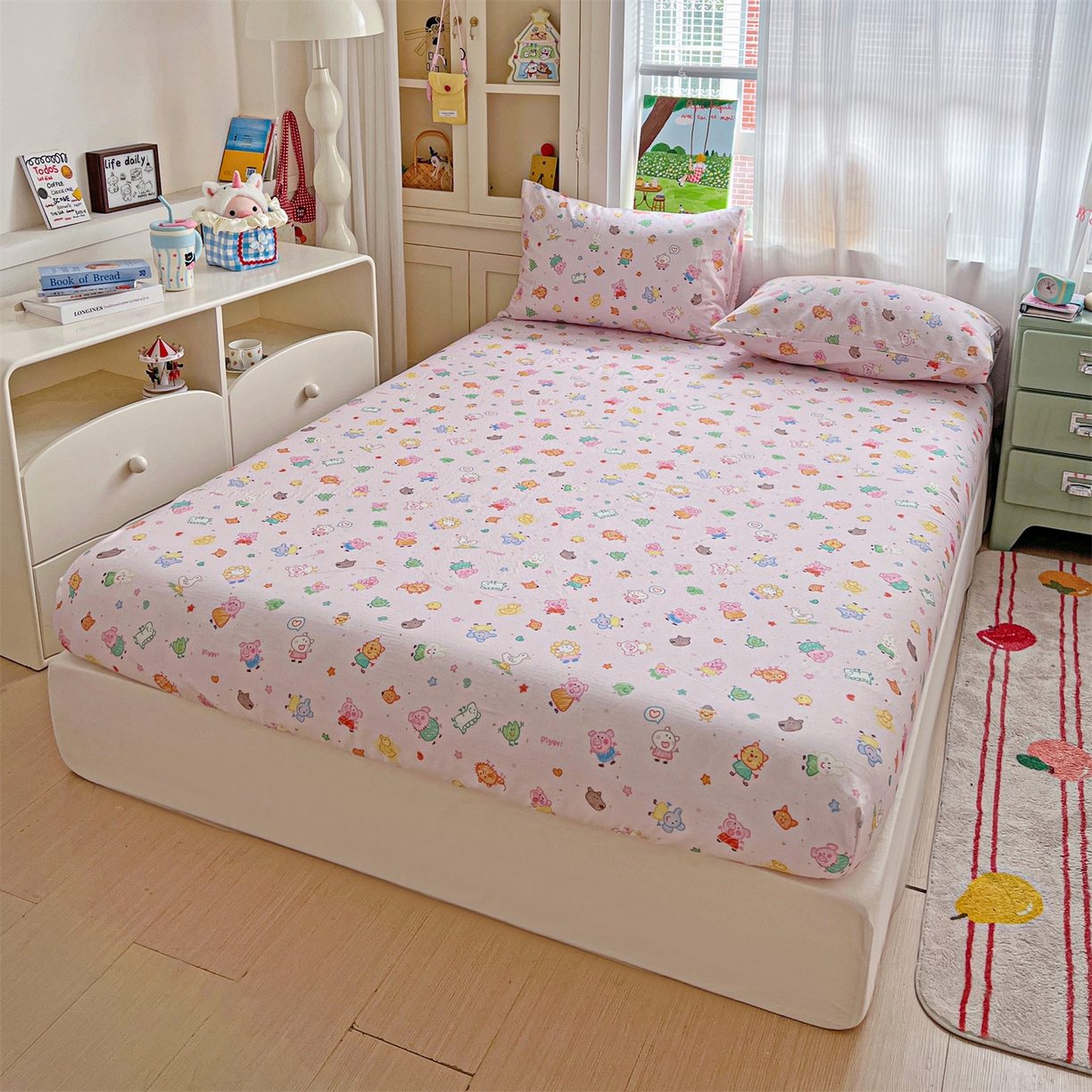 91家纺网 家纺一手货源 找家纺 名兮家居 2026新款全棉纯棉A类卡通时尚风双层纱床笠单品床笠床笠单件 双层纱-猪猪乐园