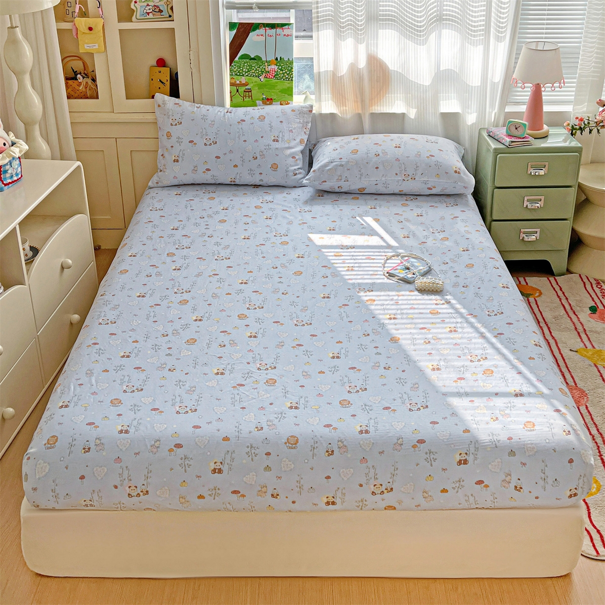 91家纺网 家纺一手货源 找家纺 名兮家居 2026新款全棉纯棉A类卡通时尚风双层纱床笠单品床笠床笠单件 双层纱-竹林派对