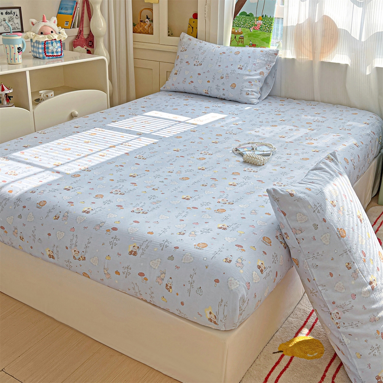 91家纺网 家纺一手货源 找家纺 名兮家居 2026新款全棉纯棉A类卡通时尚风双层纱床笠单品床笠床笠单件 双层纱-竹林派对