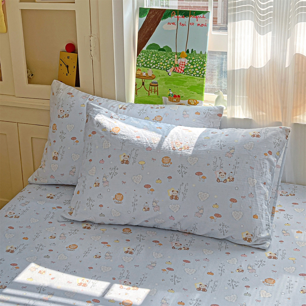 91家纺网 家纺一手货源 找家纺 名兮家居 2026新款全棉纯棉A类卡通时尚风双层纱床笠单品床笠床笠单件 双层纱-竹林派对