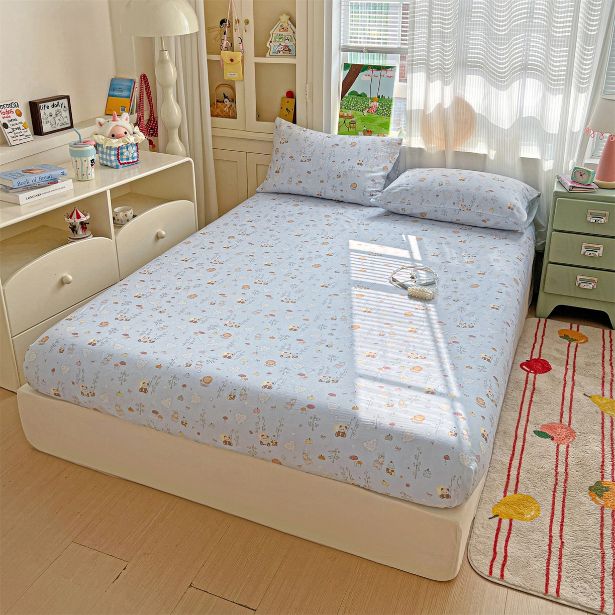 91家纺网 家纺一手货源 找家纺 名兮家居 2026新款全棉纯棉A类卡通时尚风双层纱床笠单品床笠床笠单件 双层纱-竹林派对