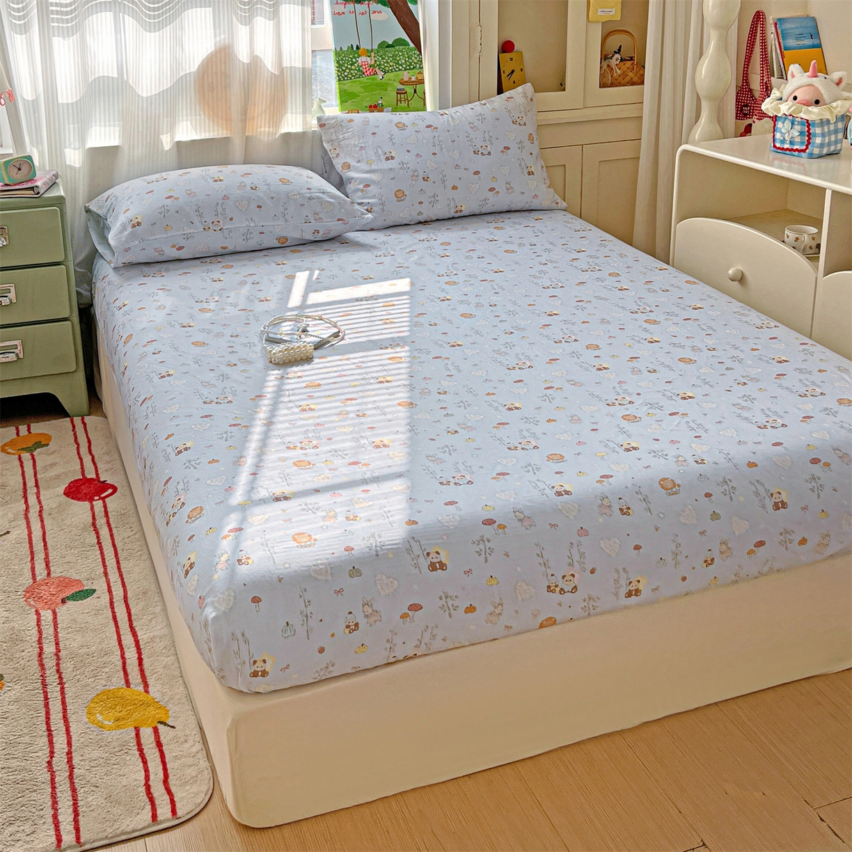 91家纺网 家纺一手货源 找家纺 名兮家居 2026新款全棉纯棉A类卡通时尚风双层纱床笠单品床笠床笠单件 双层纱-竹林派对