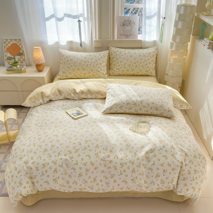 91家纺网 家纺一手货源 找家纺 优彩 2026春夏新款全棉纯棉13070跑量款特价小碎花卡通四件套 小黄花