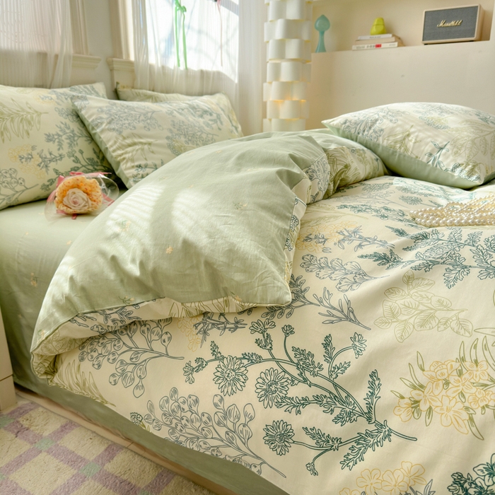 91家纺网 家纺一手货源 找家纺 优彩 2026春夏新款全棉纯棉13070跑量款特价小碎花卡通四件套 幽兰花谷