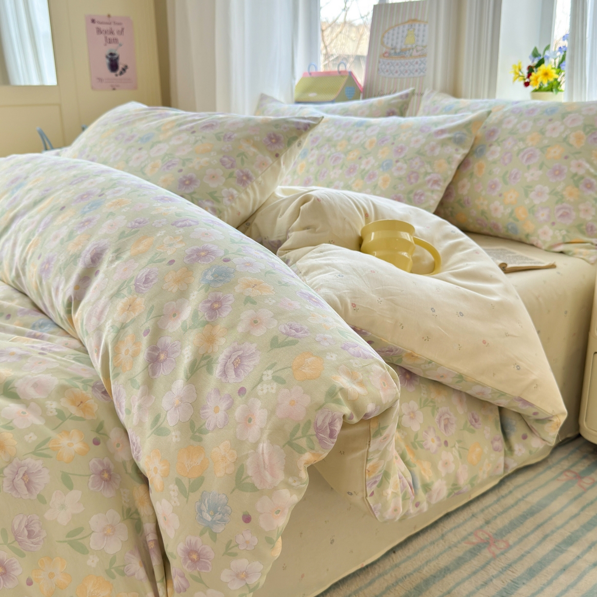 91家纺网 家纺一手货源 找家纺 优彩 2026春夏新款全棉纯棉13070跑量款特价小碎花卡通四件套 紫韵