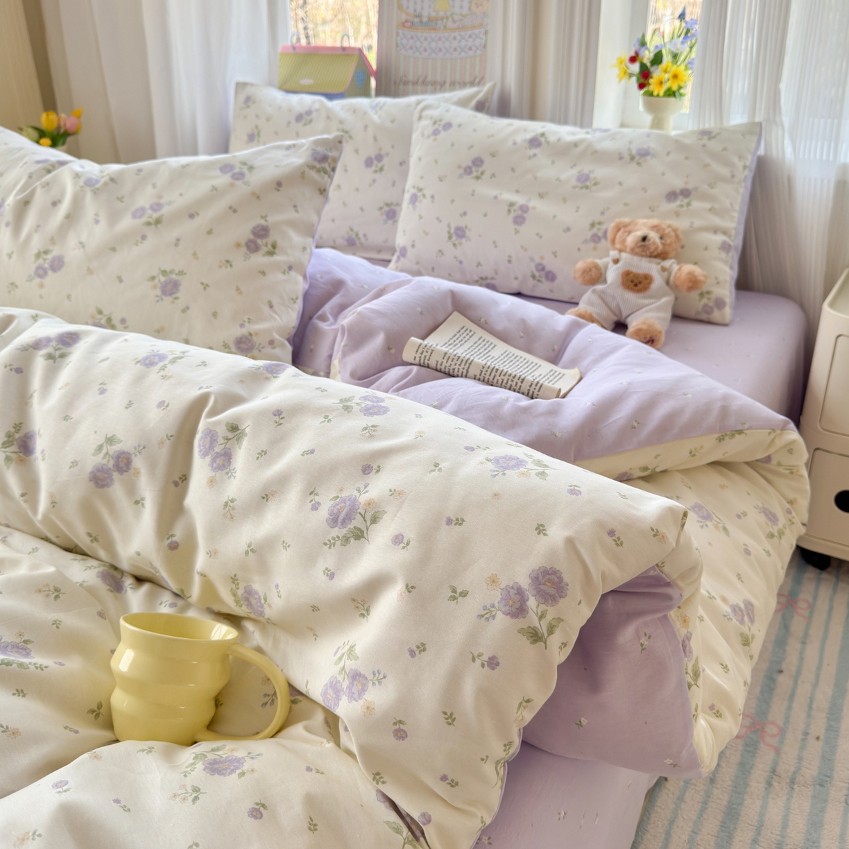 91家纺网 家纺一手货源 找家纺 优彩 2026春夏新款全棉纯棉13070跑量款特价小碎花卡通四件套 繁樱似梦