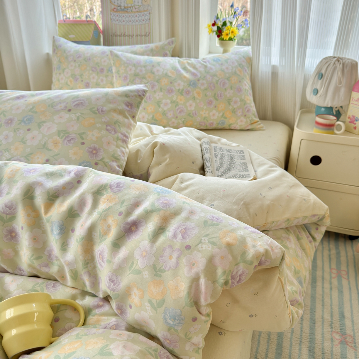 91家纺网 家纺一手货源 找家纺 优彩 2026春夏新款全棉纯棉13070跑量款特价小碎花卡通四件套 紫韵