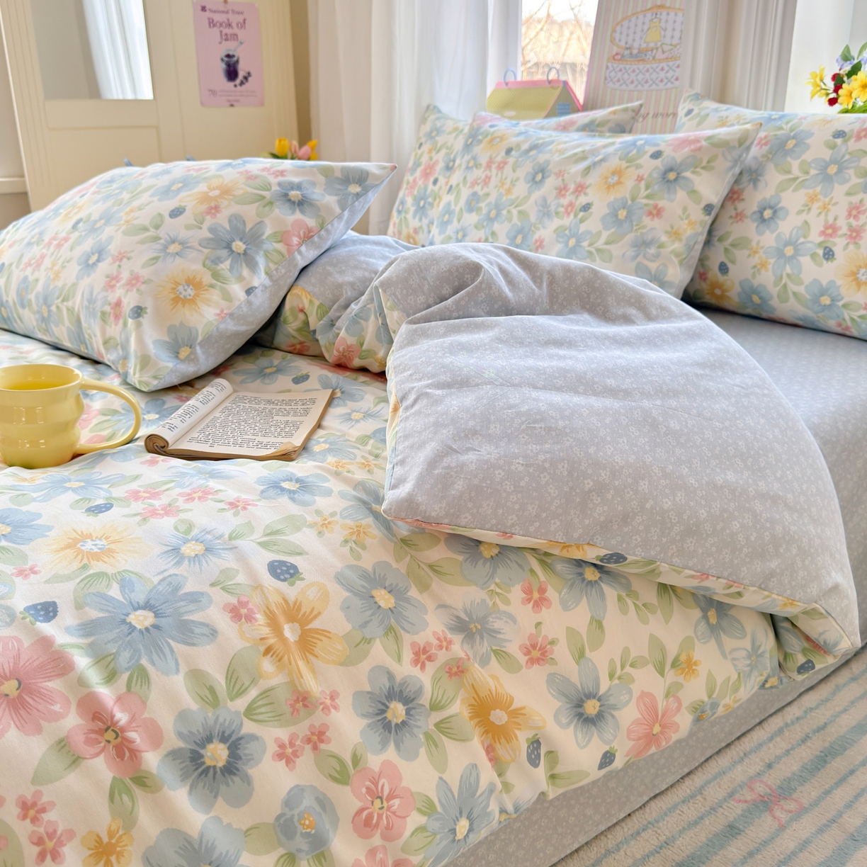 91家纺网 家纺一手货源 找家纺 优彩 2026春夏新款全棉纯棉13070跑量款特价小碎花卡通四件套 花间密语