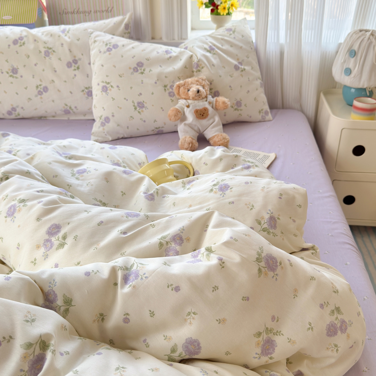 91家纺网 家纺一手货源 找家纺 优彩 2026春夏新款全棉纯棉13070跑量款特价小碎花卡通四件套 繁樱似梦