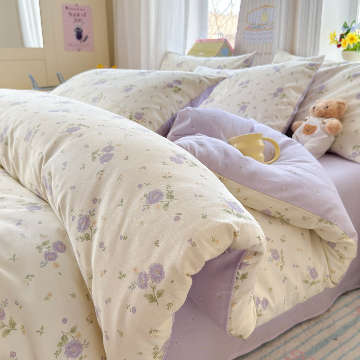 91家纺网 家纺一手货源 找家纺 优彩 2026春夏新款全棉纯棉13070跑量款特价小碎花卡通四件套 繁樱似梦