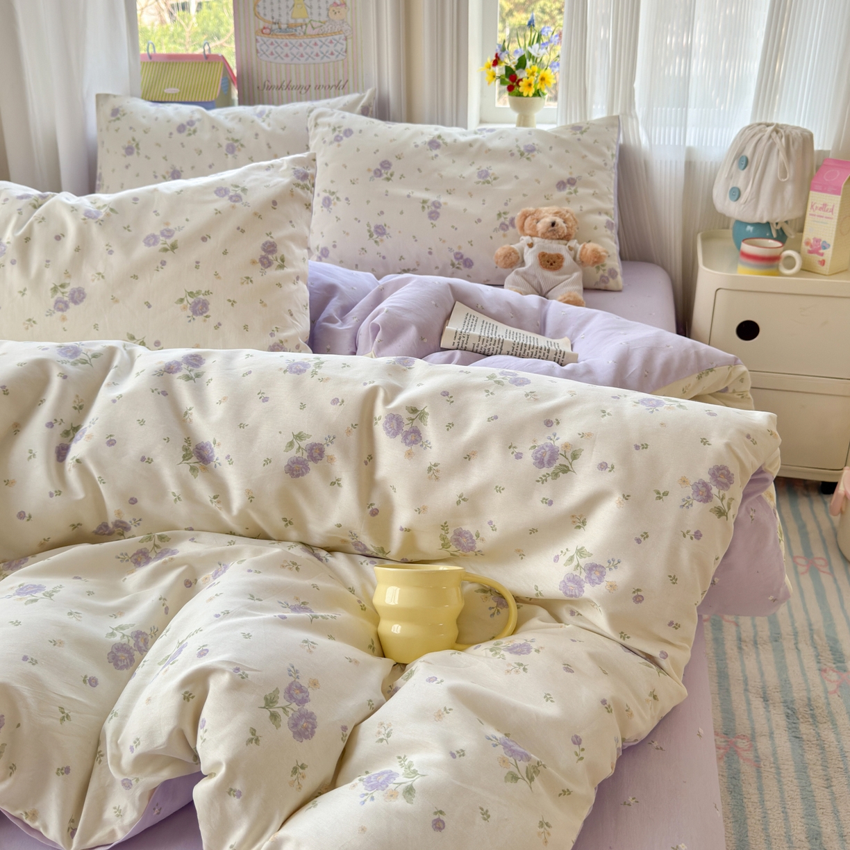 91家纺网 家纺一手货源 找家纺 优彩 2026春夏新款全棉纯棉13070跑量款特价小碎花卡通四件套 繁樱似梦