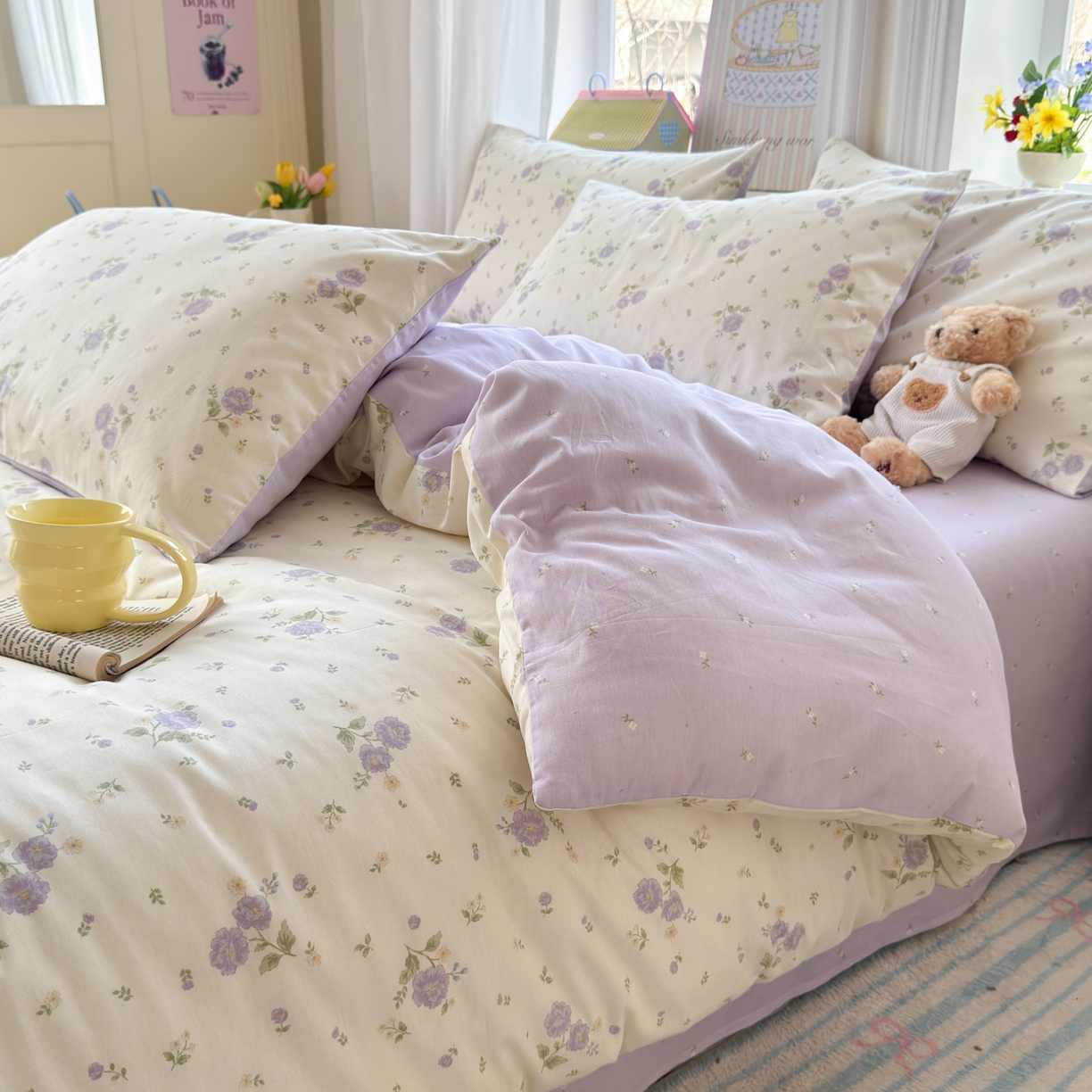 91家纺网 家纺一手货源 找家纺 优彩 2026春夏新款全棉纯棉13070跑量款特价小碎花卡通四件套 繁樱似梦