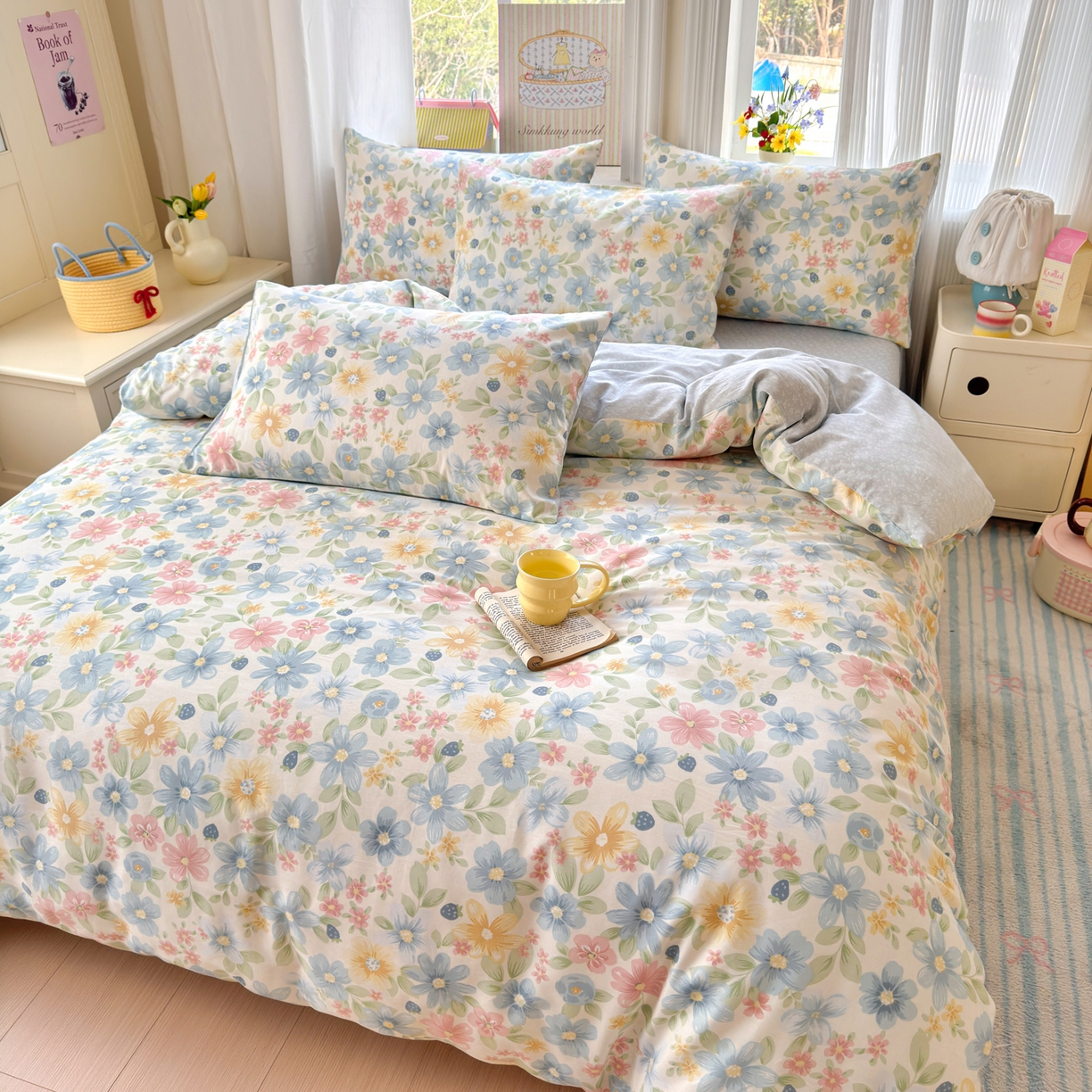 91家纺网 家纺一手货源 找家纺 优彩 2026春夏新款全棉纯棉13070跑量款特价小碎花卡通四件套 花间密语