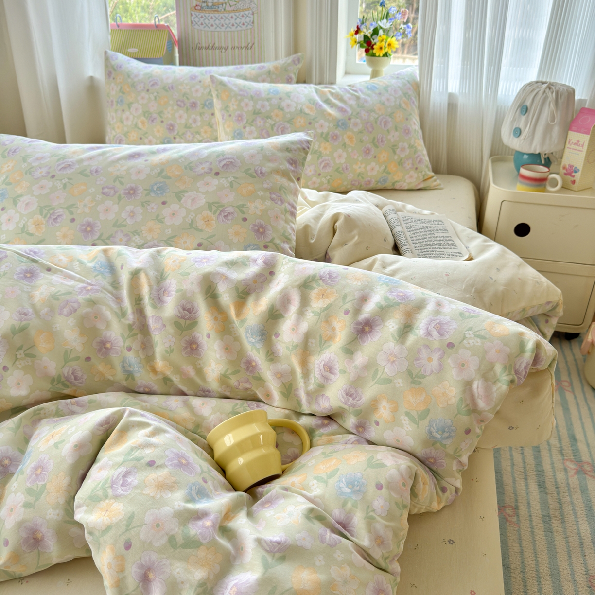 91家纺网 家纺一手货源 找家纺 优彩 2026春夏新款全棉纯棉13070跑量款特价小碎花卡通四件套 紫韵